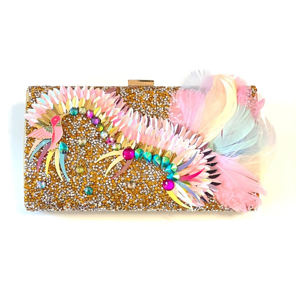 Clutch -Gold Plated Enamel Bird with Swarovski crystals. Handmade.